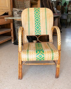 Handmade Wooden, Wicker and Plastic Armchair in White and Green colour