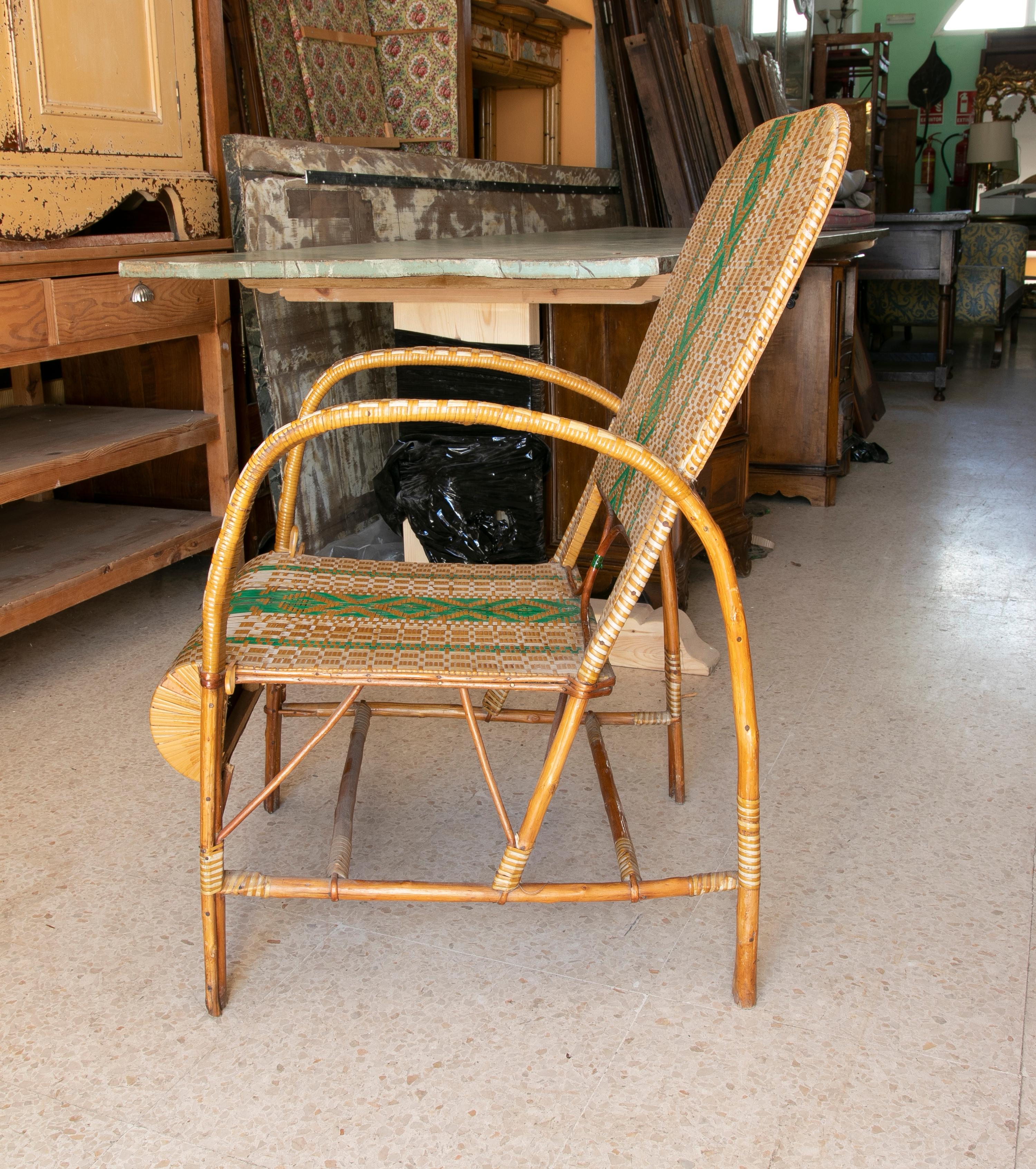 20th Century Handmade Wooden, Wicker and Plastic Armchair in White and Green colour  For Sale