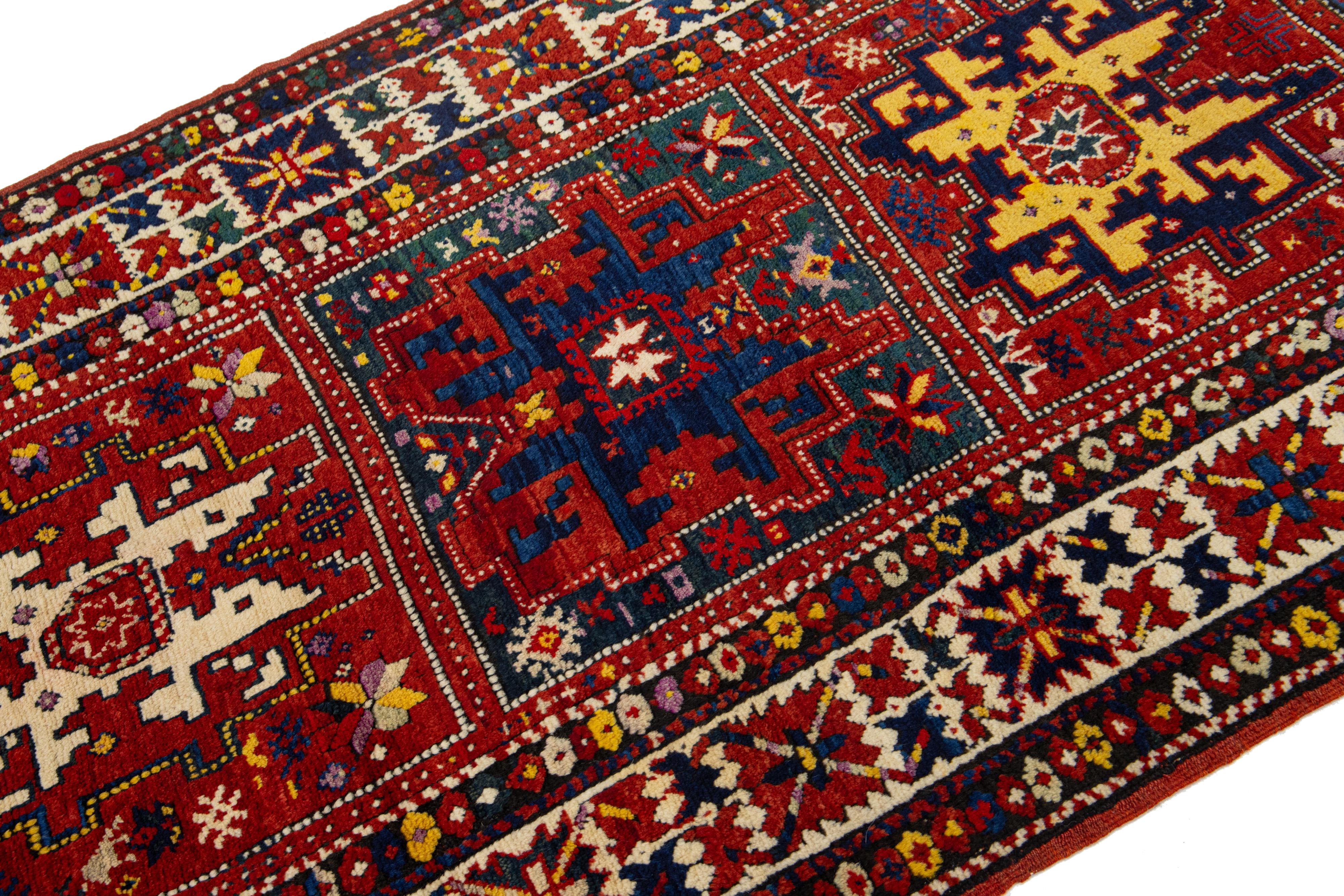 Hand-Knotted Handmade Wool Antique Runner Caucasian Kazak With Multicolor Design For Sale