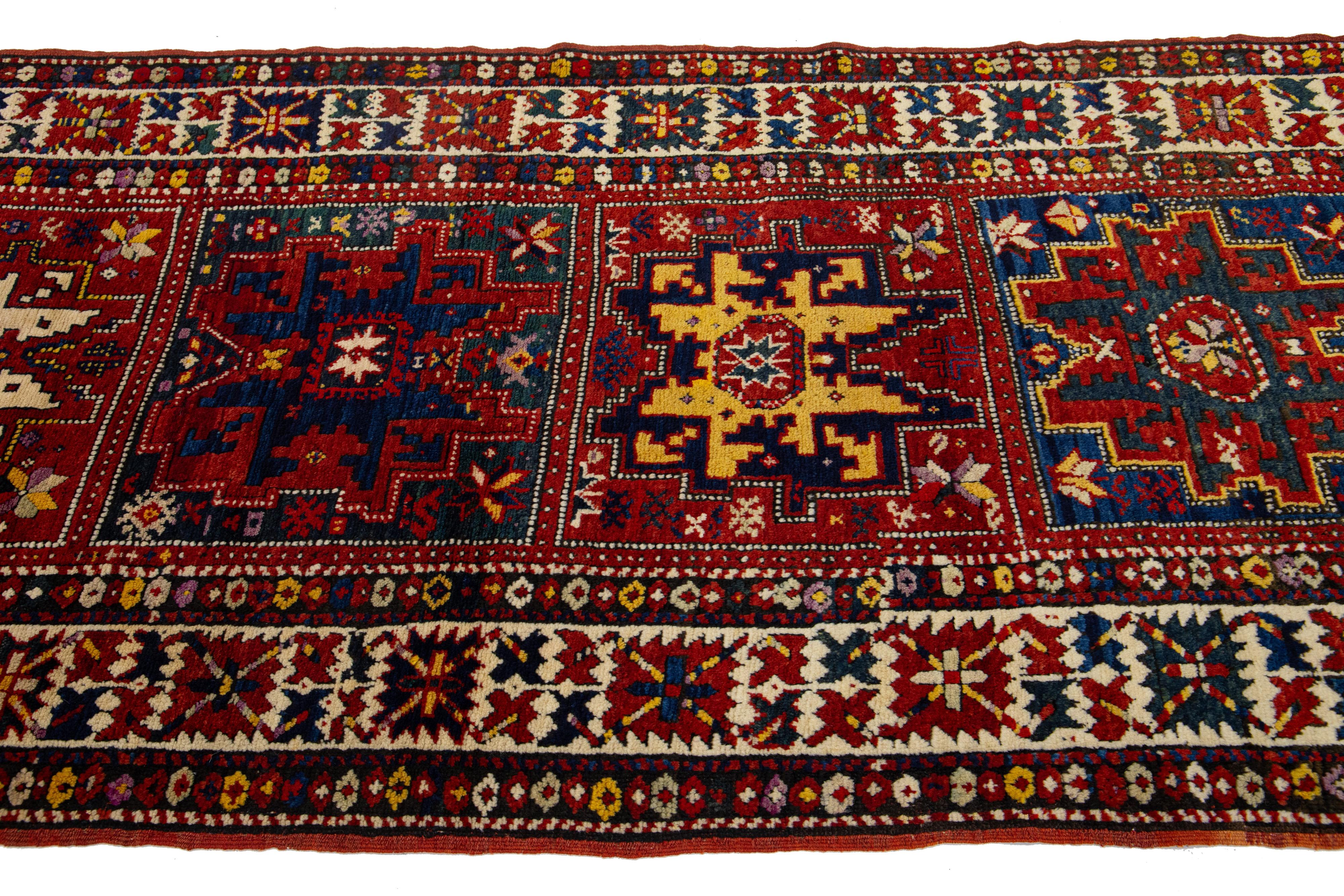 Handmade Wool Antique Runner Caucasian Kazak With Multicolor Design In Excellent Condition For Sale In Norwalk, CT