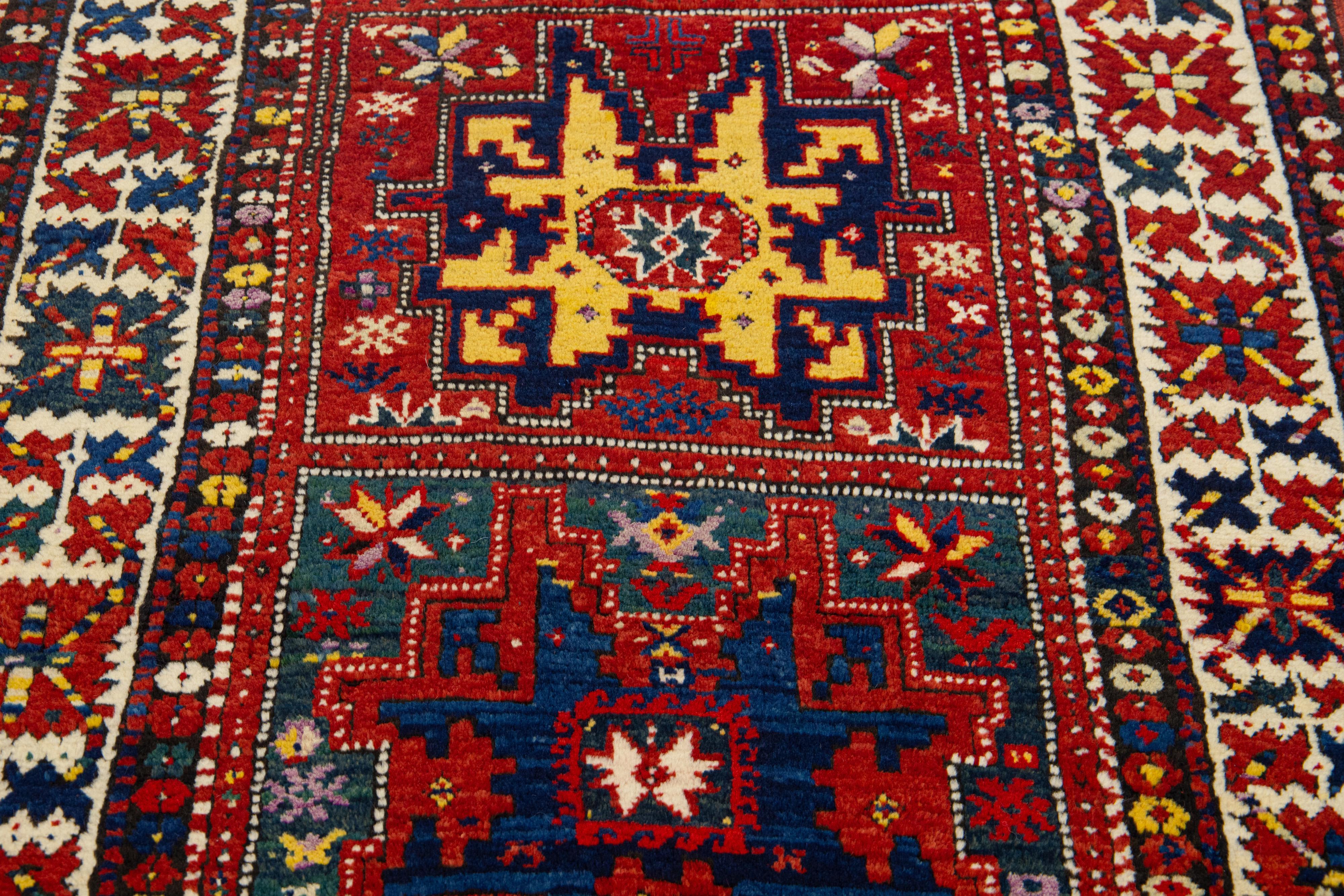 Handmade Wool Antique Runner Caucasian Kazak With Multicolor Design For Sale 1