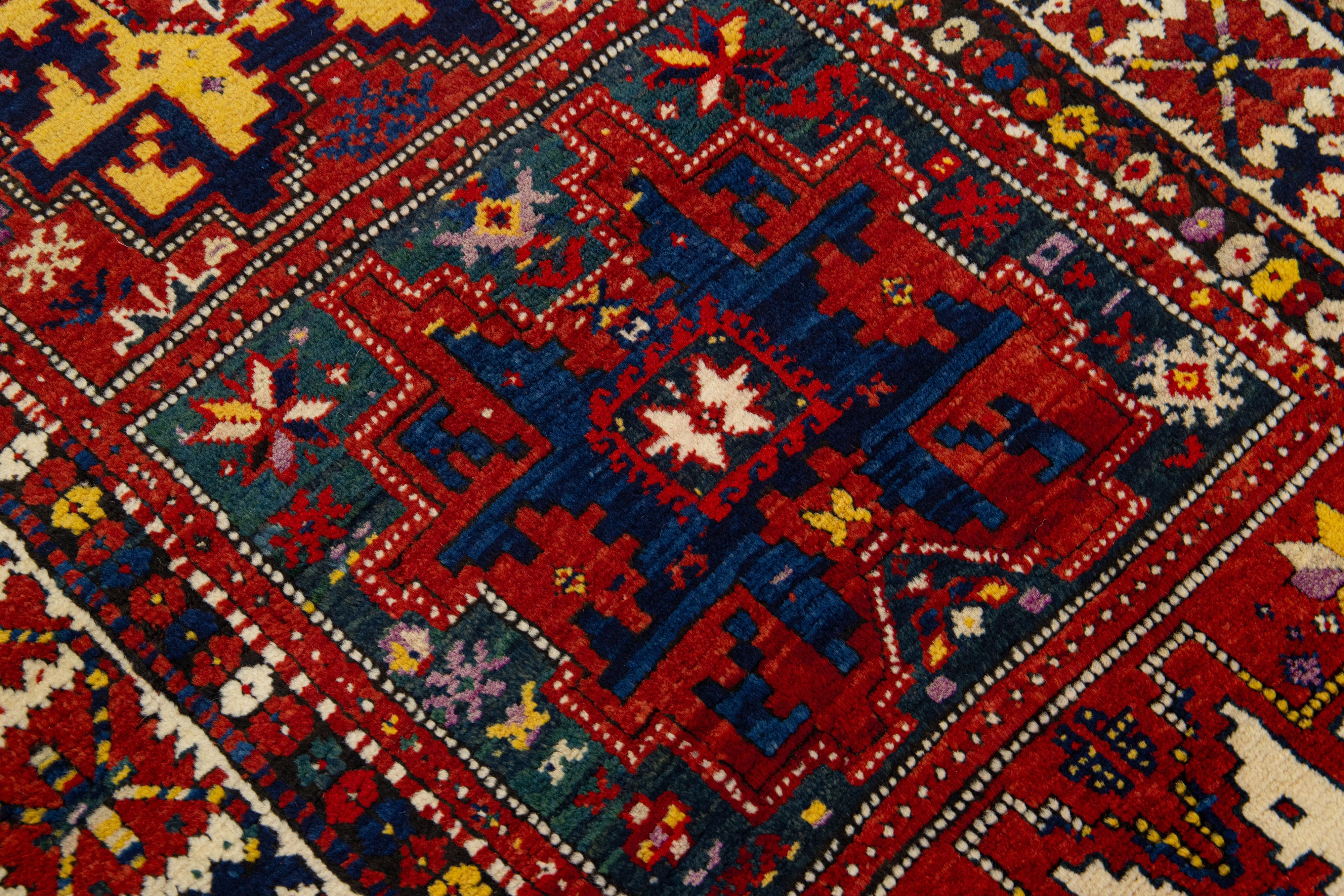 Handmade Wool Antique Runner Caucasian Kazak With Multicolor Design For Sale 2