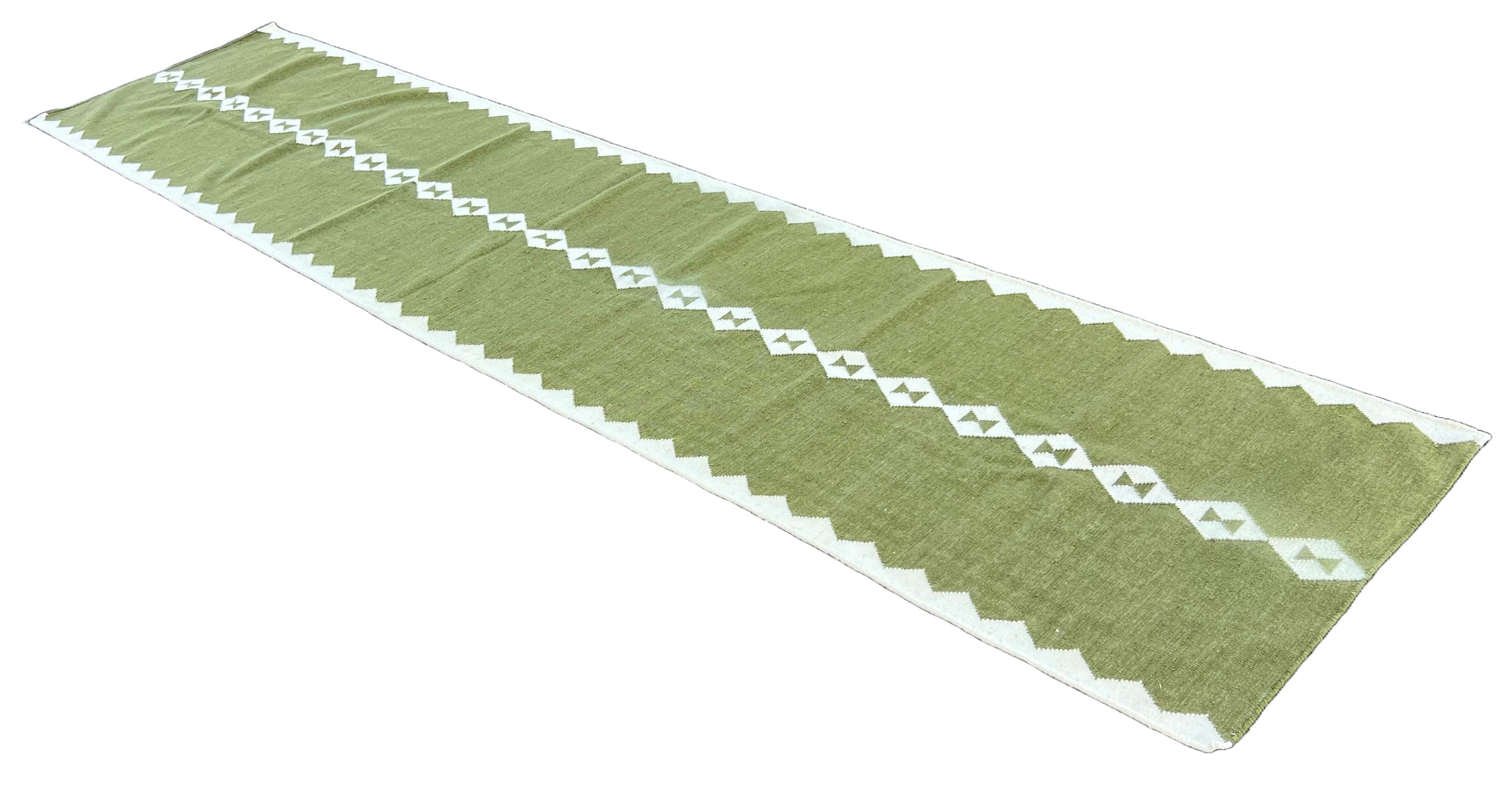 Handmade New Zealand Wool Natural Vegetable Dyed, Dark Olive Green And Cream Geometric Patterned Indian Dhurrie Wool Runner - 3'x12' (90x360cm)

These special flat-weave dhurries are hand-woven with 15 ply 70% Wool And 30% Cotton yarn. Due to the