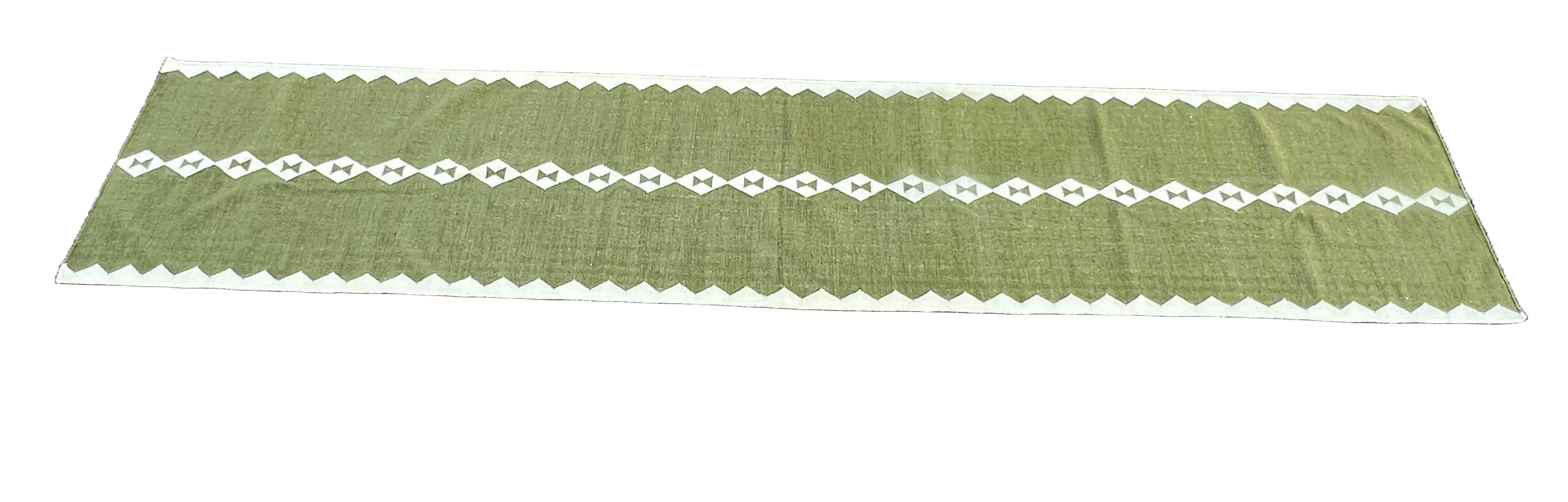 Mid-Century Modern Handmade Wool Area Flat Weave Runner, 3x12 Green, Cream Geometric Indian Dhurrie For Sale
