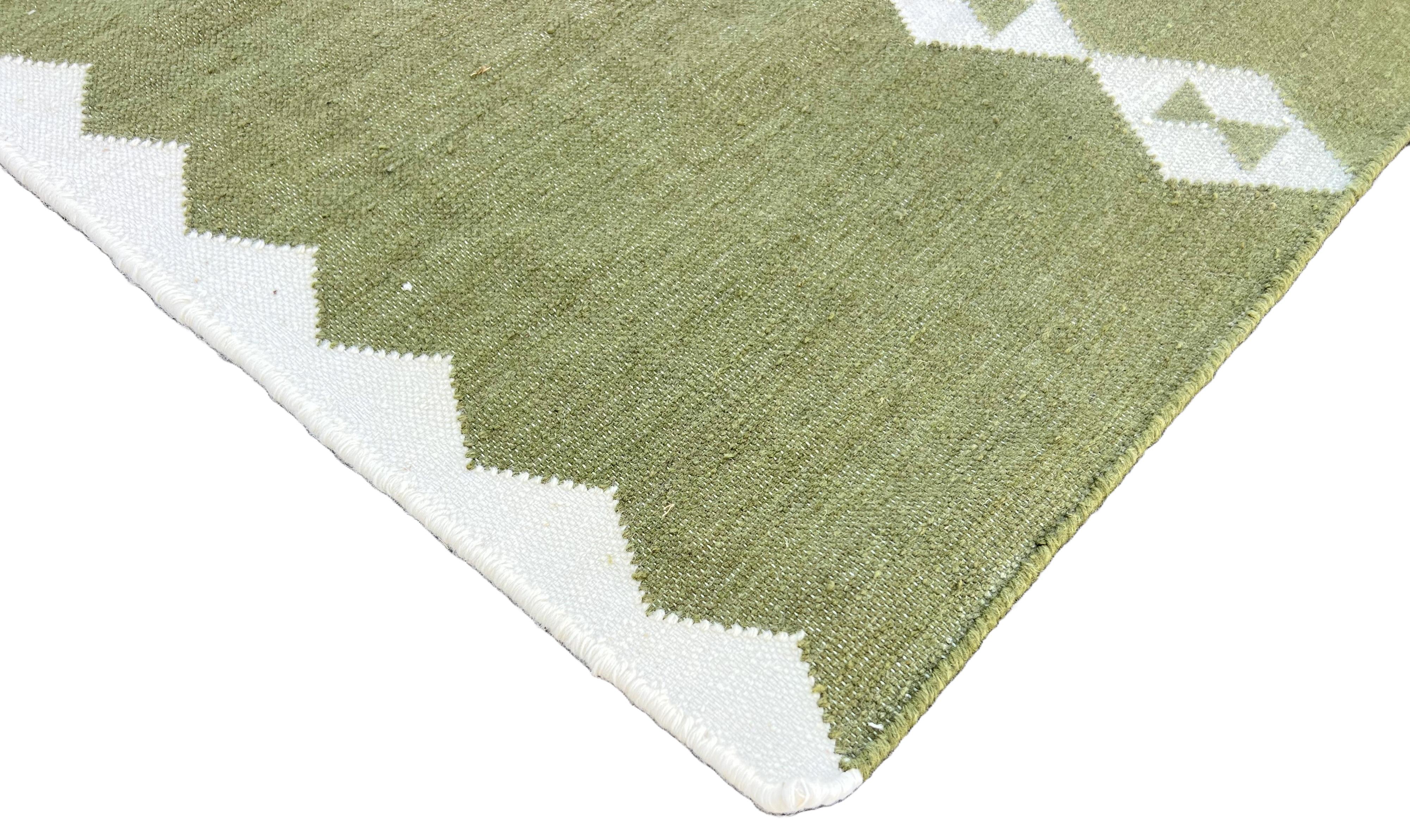 Hand-Woven Handmade Wool Area Flat Weave Runner, 3x12 Green, Cream Geometric Indian Dhurrie For Sale