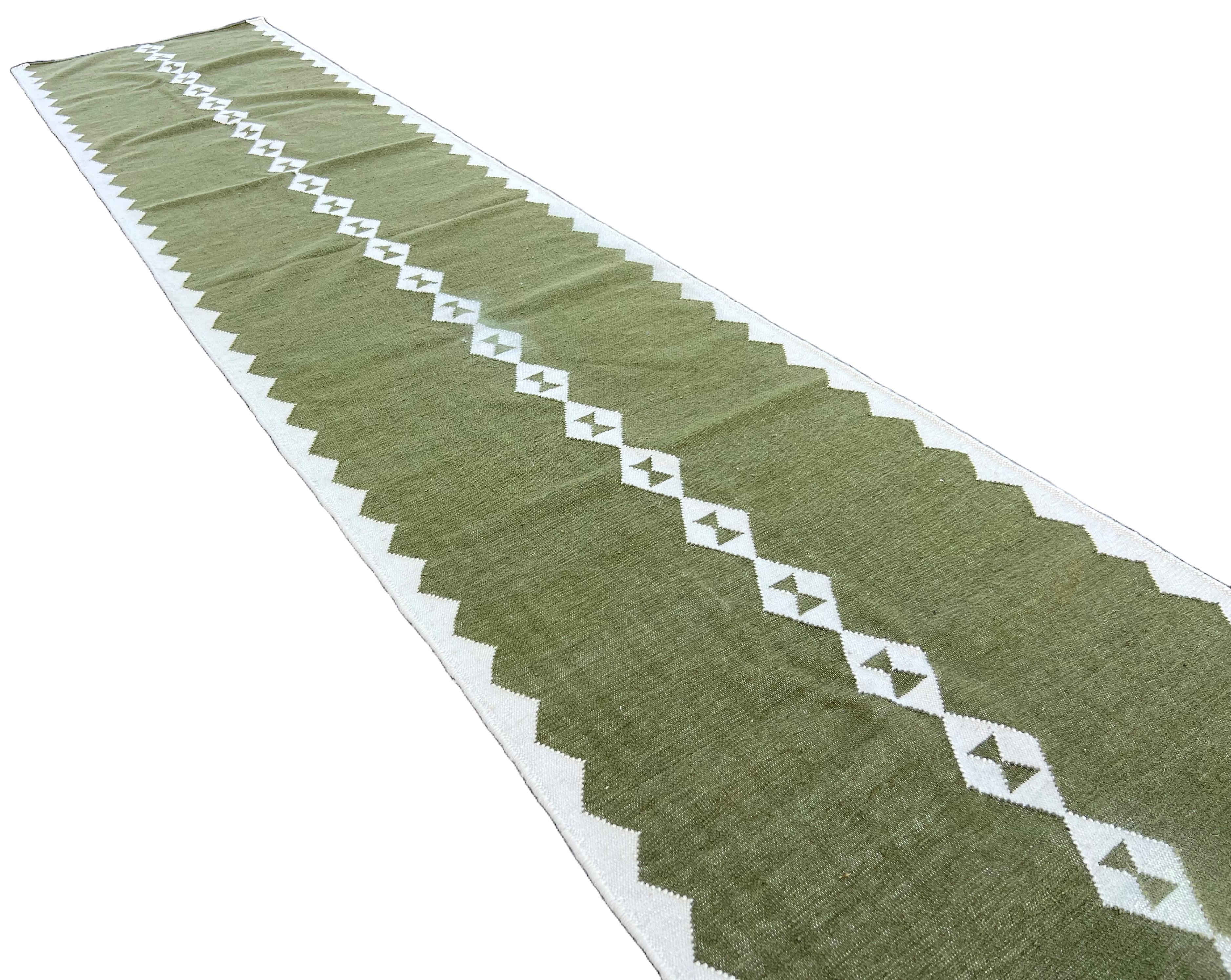 Contemporary Handmade Wool Area Flat Weave Runner, 3x12 Green, Cream Geometric Indian Dhurrie For Sale