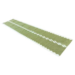 Handmade Wool Area Flat Weave Runner, 3x12 Green, Cream Geometric Indian Dhurrie
