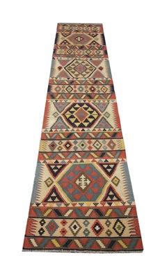 Handmade Wool Kilim Runner, Beige Tribal Geometric Zig Zag Hallway Rug 356x89cm