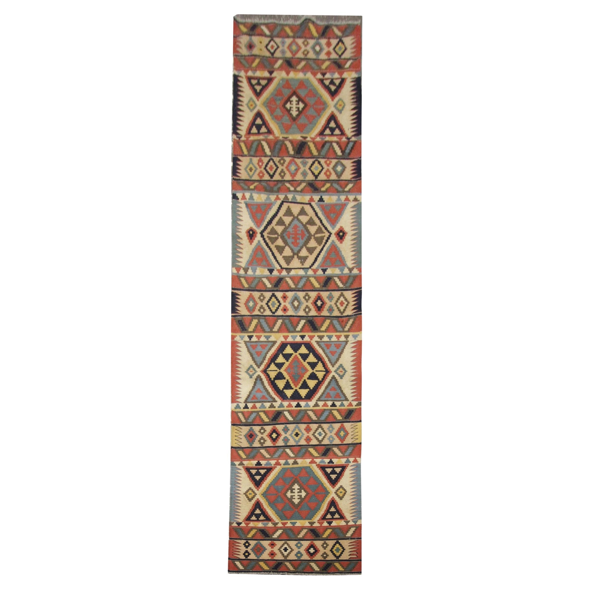 Handgemachte Wolle Kilim Läufer, Beige Tribal Geometrische Zig Zag Flur Teppich 356x89cm