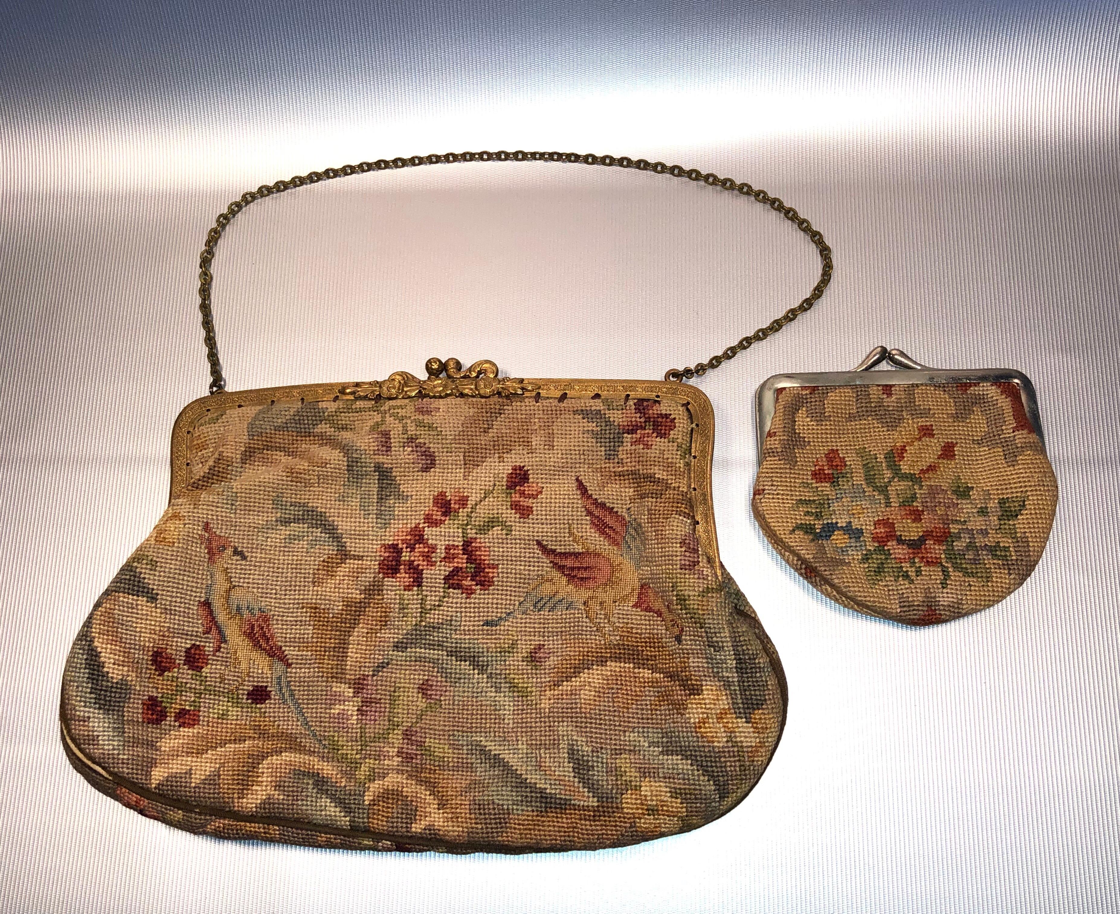 Handmade Wool Needlepoint 1960s Ladies Purse Handbag Set with a Small Wallet 1