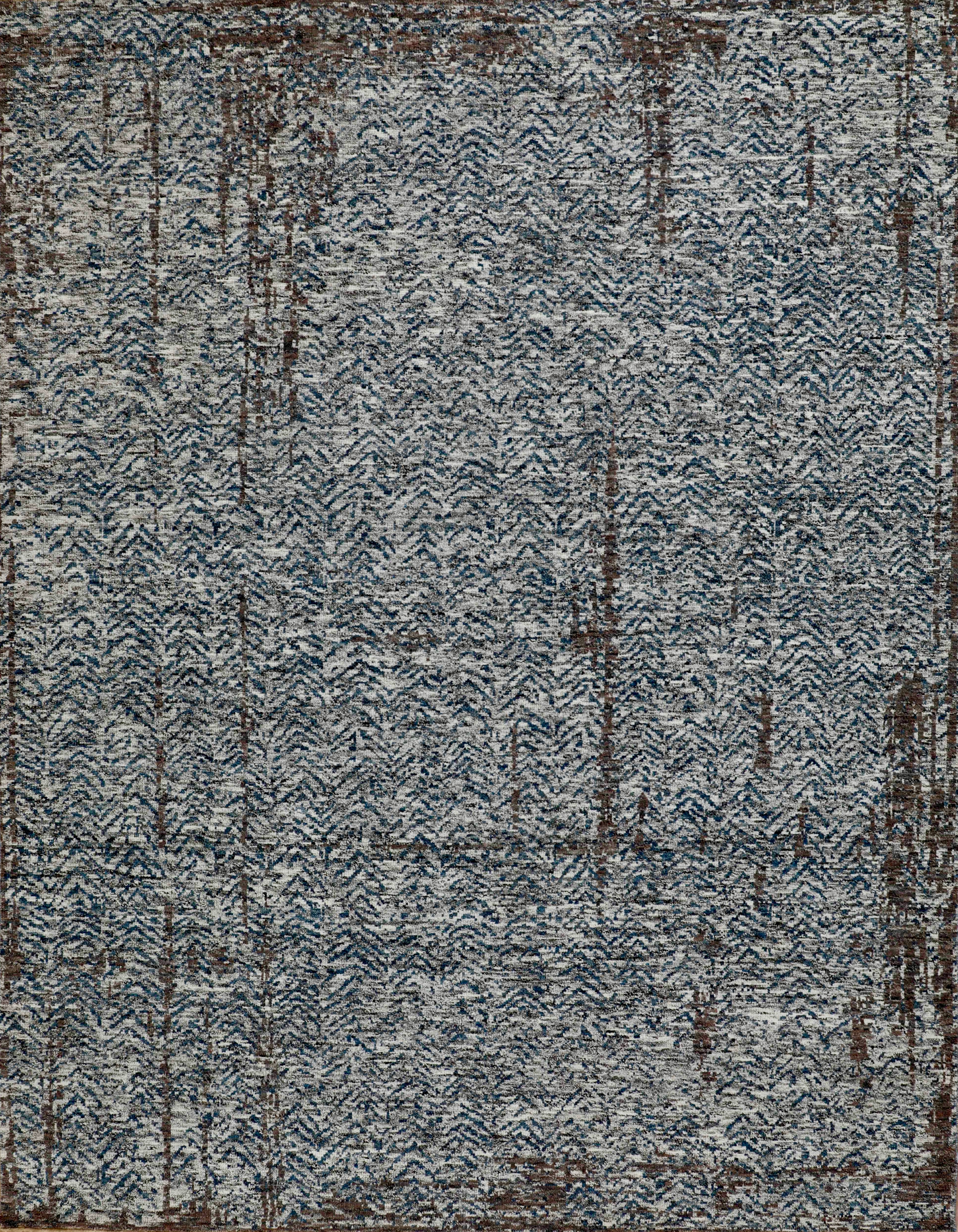 Handgefertigter Wollteppich in Beige und Blau mit dezentem Distressed-Muster im Angebot