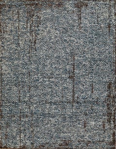 Handmade Wool Rug in Beige and Blue with Subtle Distressed Pattern
