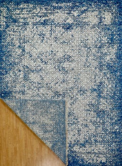 Handmade Wool Rug in Blue and Ivory with Distressed Vintage Effect