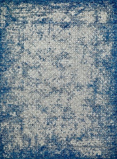 Handmade Wool Rug in Blue and Ivory with Distressed Vintage Effect