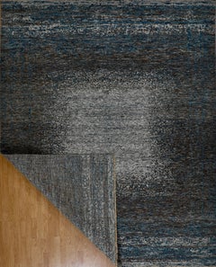 Handmade Wool Rug in Blue, Charcoal and Beige with Distressed Medallion Effect