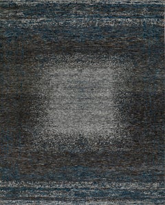 Handmade Wool Rug in Blue, Charcoal and Beige with Distressed Medallion Effect