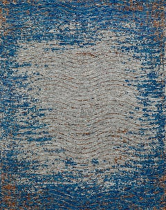 Handmade Wool Rug in Blue, Grey and Rust with Abstract Wave Design