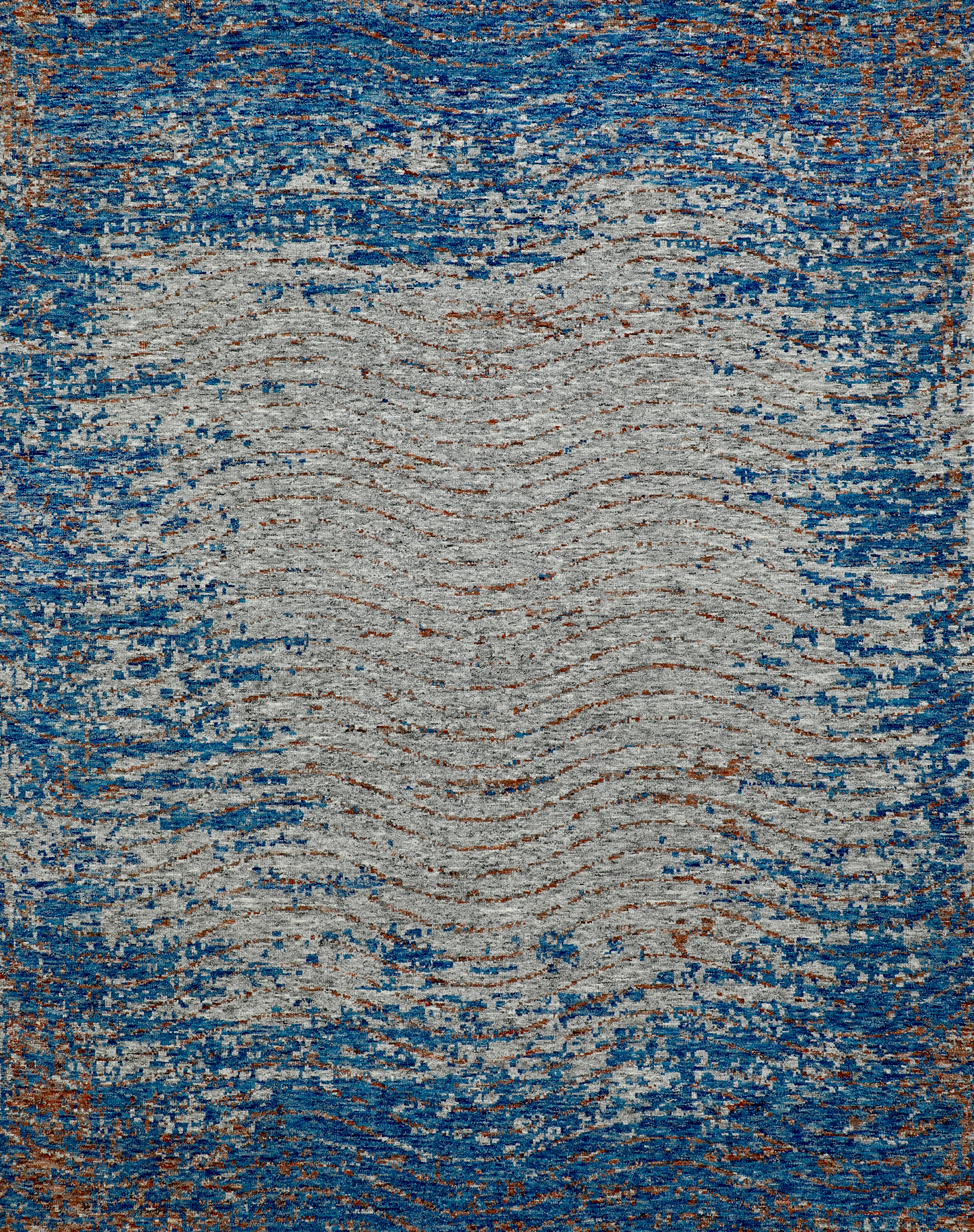 Handmade Wool Rug in Blue, Grey and Rust with Abstract Wave Design