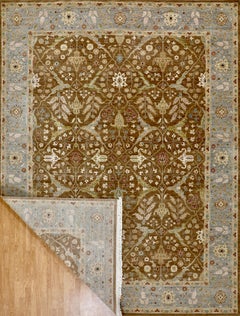 Handmade Wool Rug in Brown Sugar Silver Grey Border & Floral Persian Design