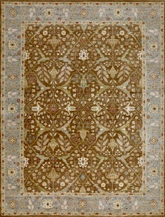 Handmade Wool Rug in Brown Sugar Silver Grey Border Floral Persian Design