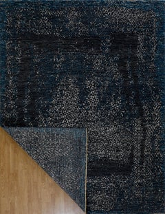 Handmade Wool Rug in Charcoal & Deep Blue Distressed Vintage Pattern