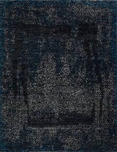 Handmade Wool Rug in Charcoal & Deep Blue Distressed Vintage Pattern