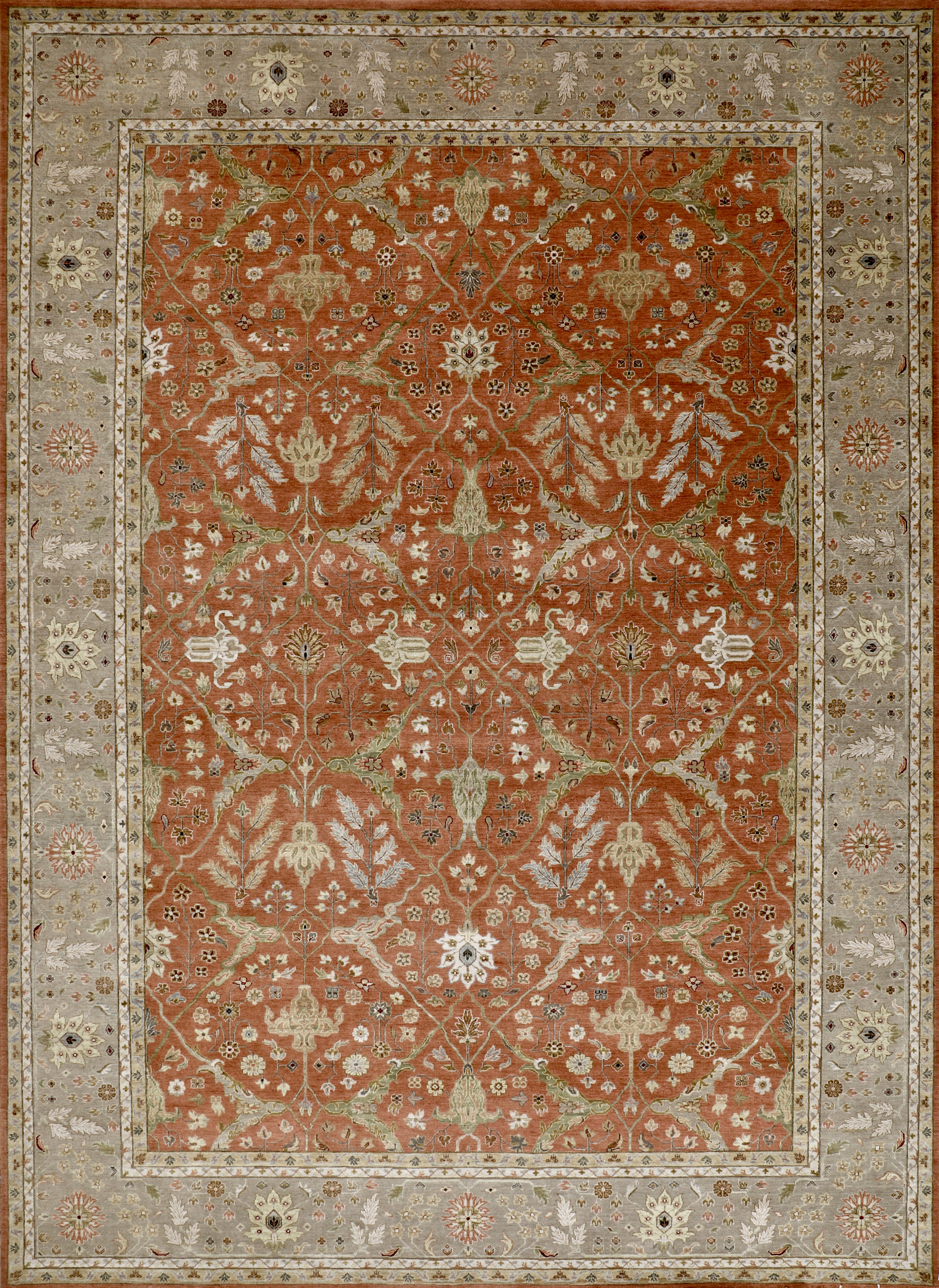 Handmade Wool Rug in Copper Tan with Beige Border and Floral Persian Design For Sale