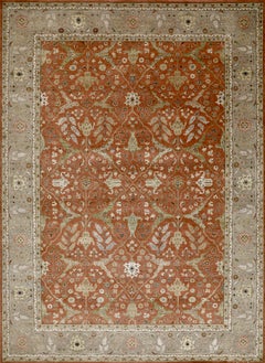 Handmade Wool Rug in Copper Tan with Beige Border and Floral Persian Design