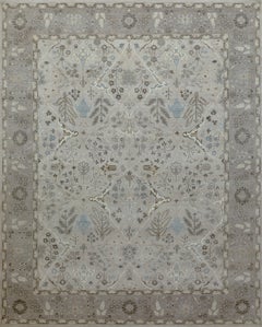Handmade Wool Rug in Creamy White and Dark Ivory Subtle Floral Persian Design