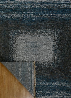 Handmade Wool Rug in Deep Blue and Charcoal with Gradient Center Design