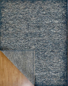 Handmade Wool Rug in Deep Blue and Grey with Subtle Geometric Pattern