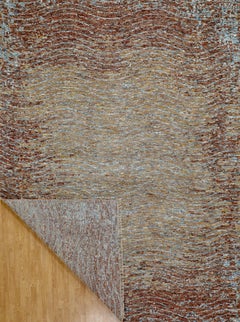 Handmade Wool Rug in Gold, Rust and Soft Blue with Abstract Wave Design