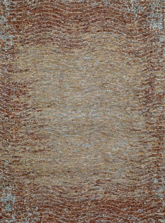 Handmade Wool Rug in Gold, Rust and Soft Blue with Abstract Wave Design