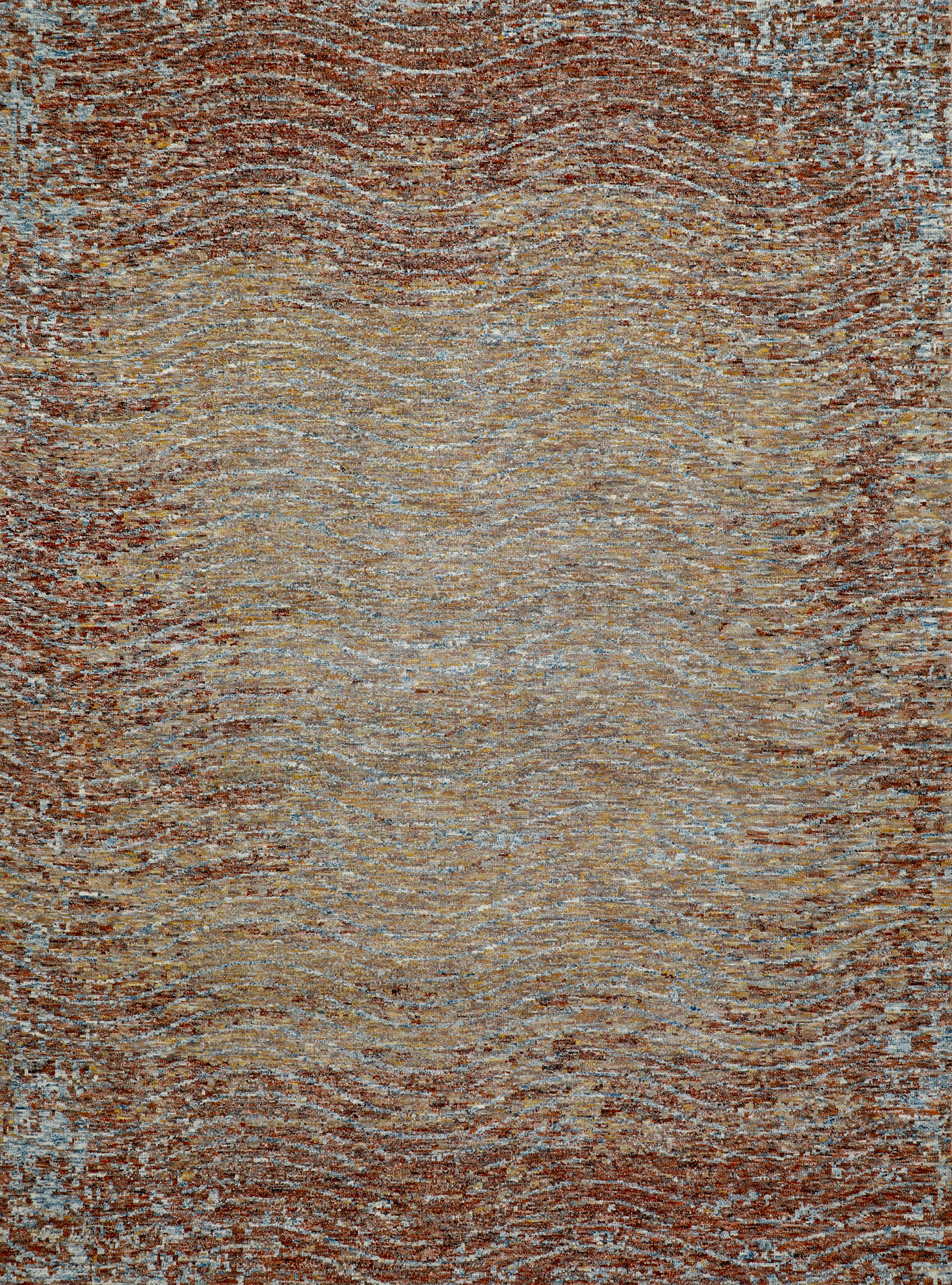 Handmade Wool Rug in Gold, Rust and Soft Blue with Abstract Wave Design For Sale