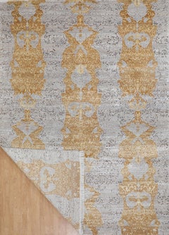 Handmade Wool Rug in Grey and Antique Gold, Contemporary Damask Inspired Design