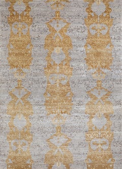 Handmade Wool Rug in Grey and Antique Gold, Contemporary Damask Inspired Design