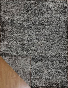 Handmade Wool Rug in Ivory and Black with Distressed Textural Pattern