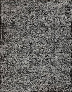 Handmade Wool Rug in Ivory and Black with Distressed Textural Pattern