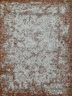 Handmade Wool Rug in Ivory and Terracotta with Distressed Vintage Pattern