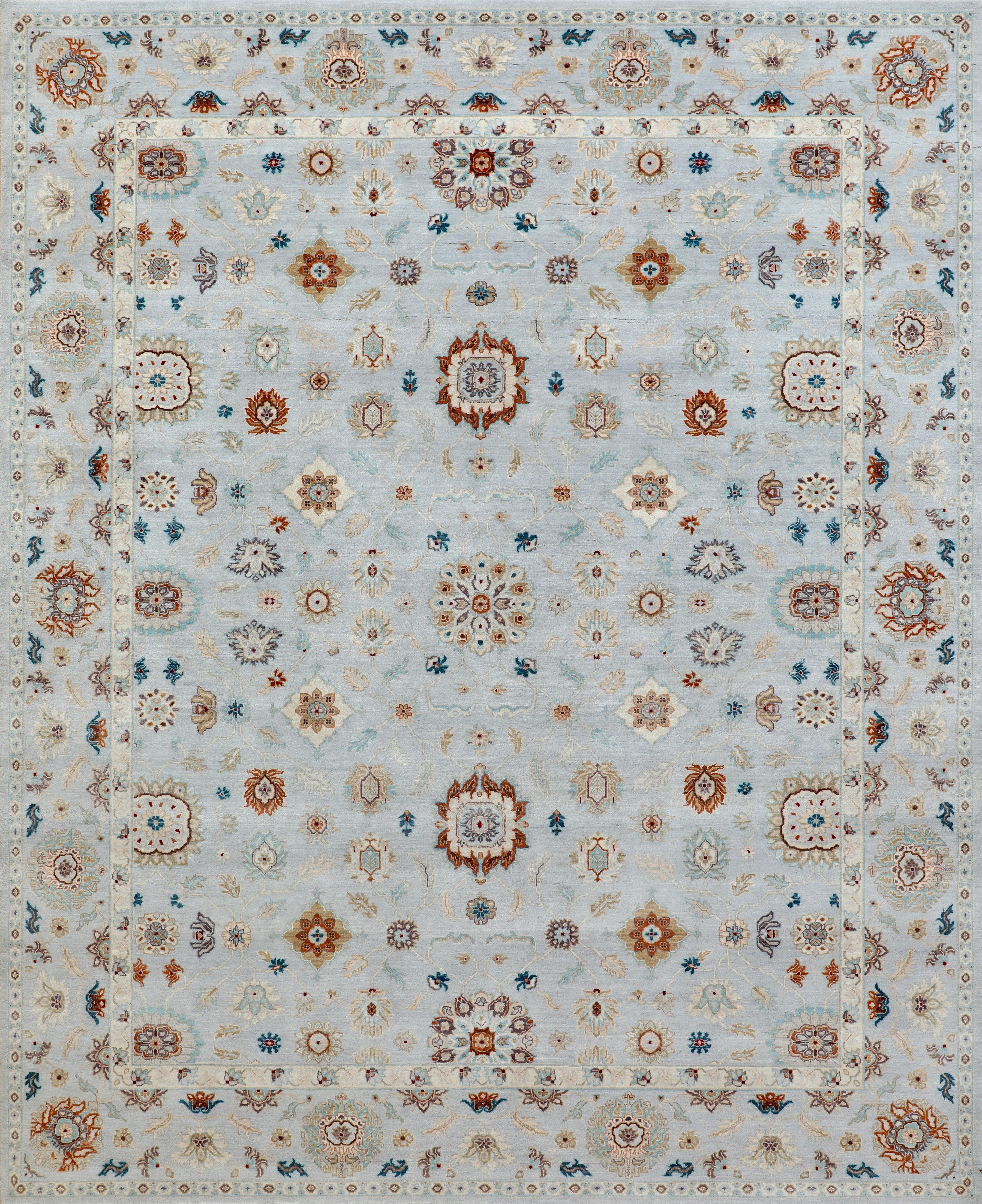 Handmade Wool Rug in Light Blue and Ivory Traditional Floral Medallion Design For Sale