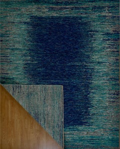 Handmade Wool Rug in Navy and Teal Abstract Framed Design, Contemporary Style
