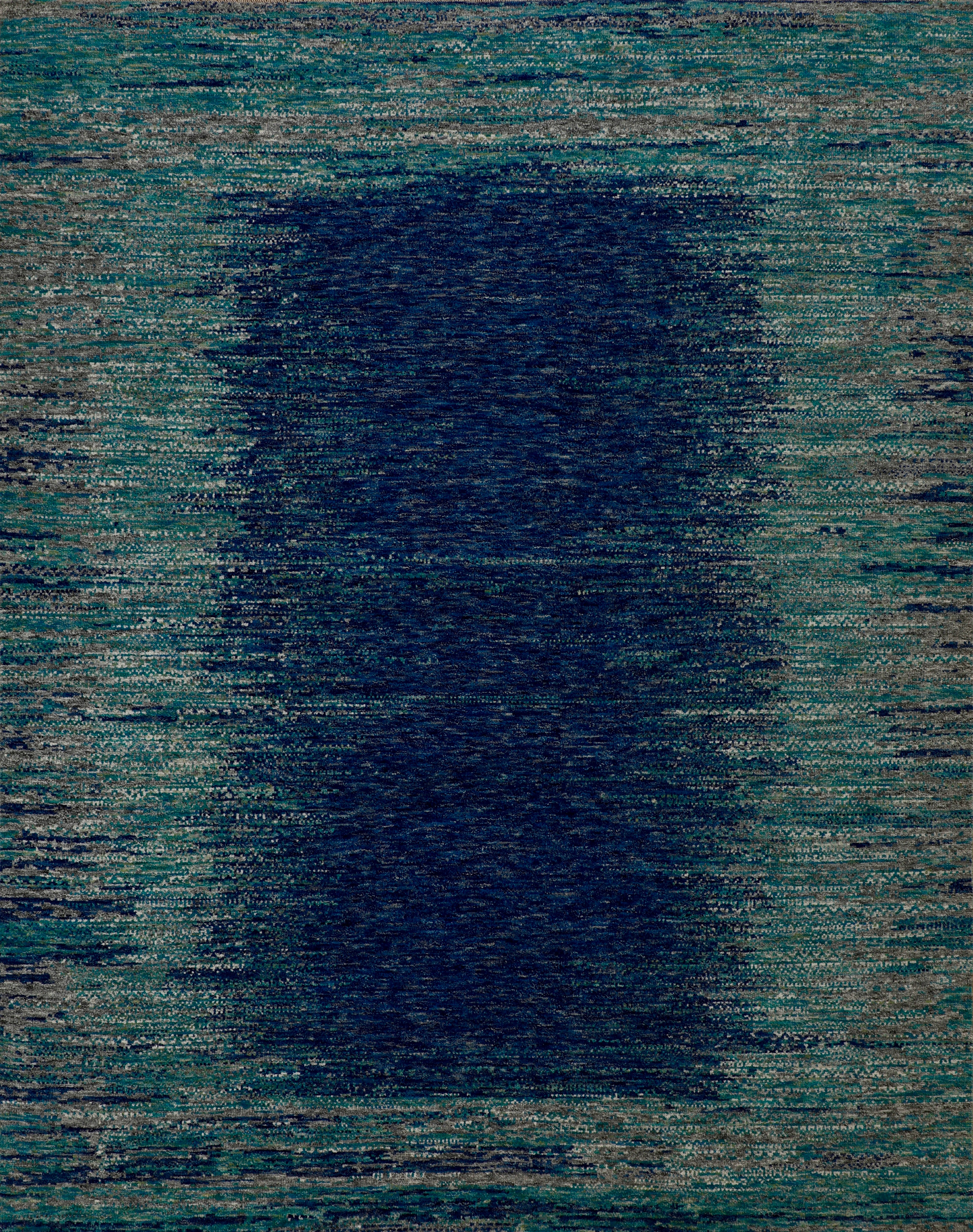 Handmade Wool Rug in Navy and Teal Abstract Framed Design, Contemporary Style For Sale