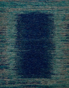 Handmade Wool Rug in Navy and Teal Abstract Framed Design, Contemporary Style