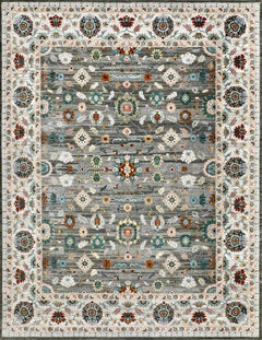 Handmade Wool Rug in Nickel Grey with Ivory Border and Multicolor Floral Motifs