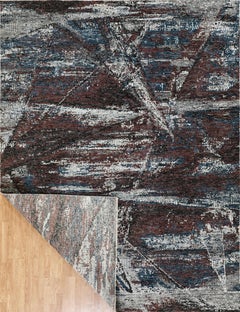 Handmade Wool Rug in Rust, Ivory and Deep Blue with Abstract Geometric Pattern