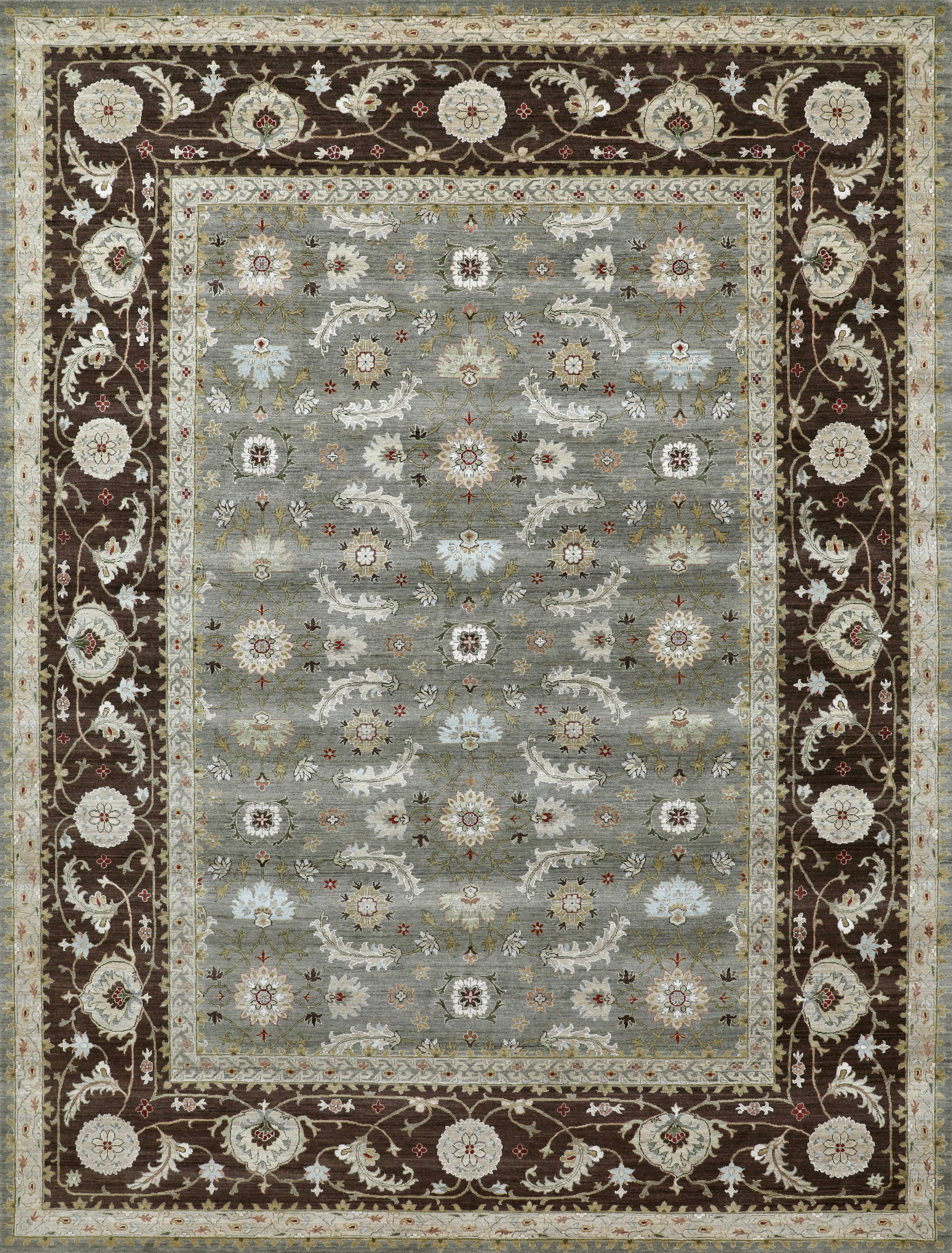 Handmade Wool Rug in Soft Grey with Cocoa Brown Border and Floral Persian Design For Sale