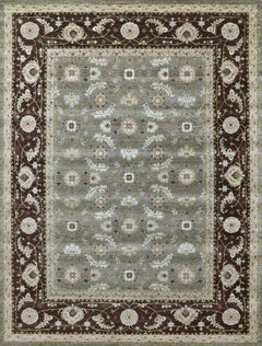 Handmade Wool Rug in Soft Grey with Cocoa Brown Border and Floral Persian Design