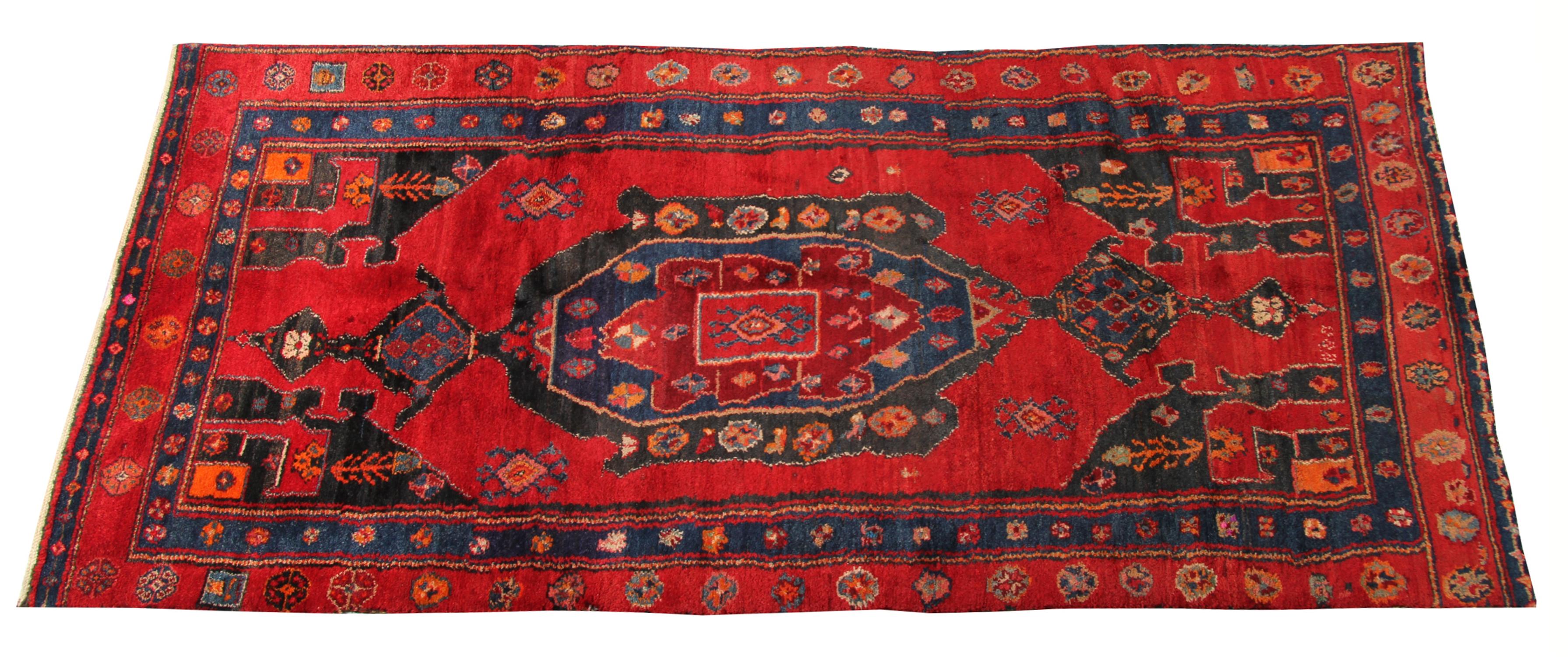 Azerbaijani Handmade Wool Runner Rug Long Red Orange Traditional Oriental Carpet For Sale