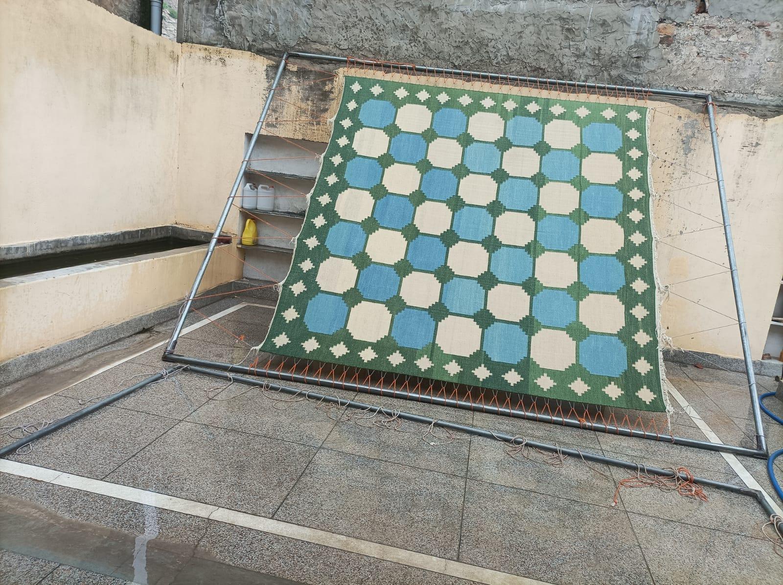 Handmade Woolen Area Flat Weave Rug, 12x15 Blue, Moss Green Tile Swedish Dhurrie For Sale 5