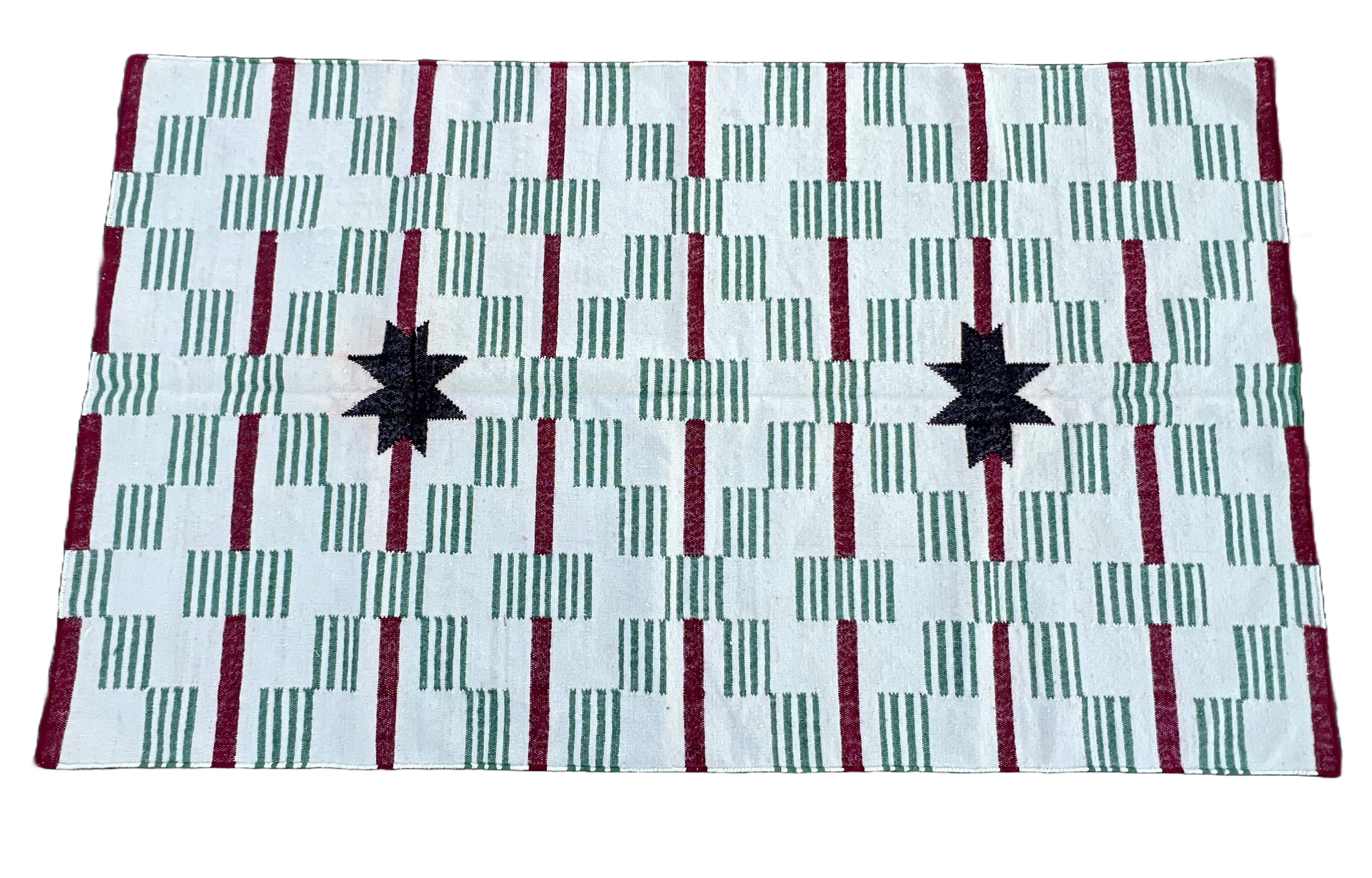 Handmade New Zealand Wool Natural Vegetable Dyed, White, Green, Black And Maroon Striped And Star Dash Area Rug-4'x7' (120x210cm)

These special flat-weave dhurries are hand-woven with 15 ply 70% Wool/ 30% cotton yarn. Due to the special